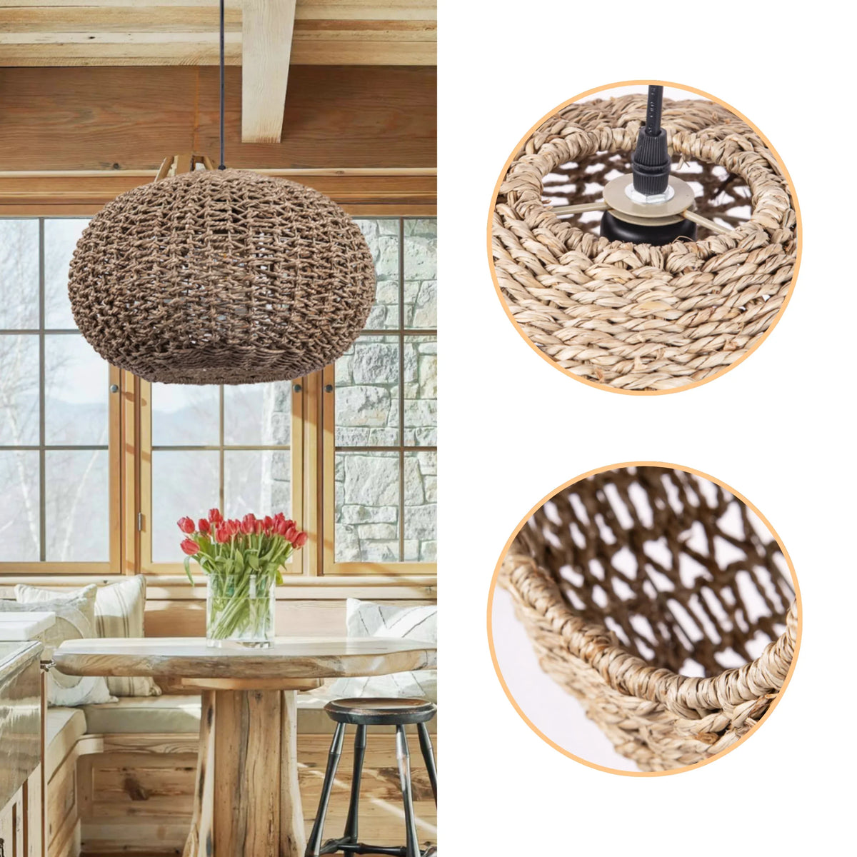 Handwoven Chunky Jute Pendant Light - Rustic Boho Ceiling Lamp