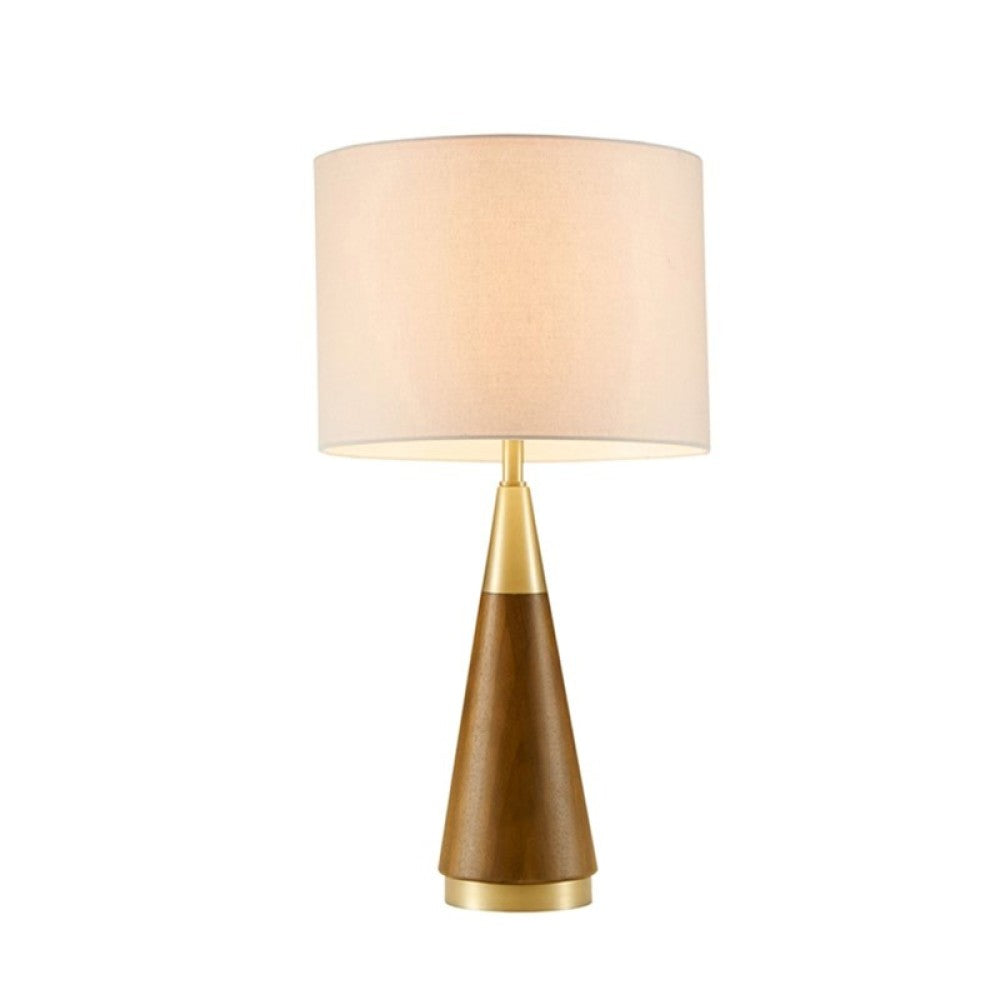 Mid-Century Triangle Table Lamp – Espresso Wood & Antique Brass, White Linen Shade