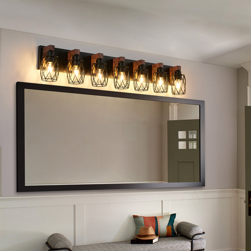 Industrial Wood Accented Cage Wall Sconce