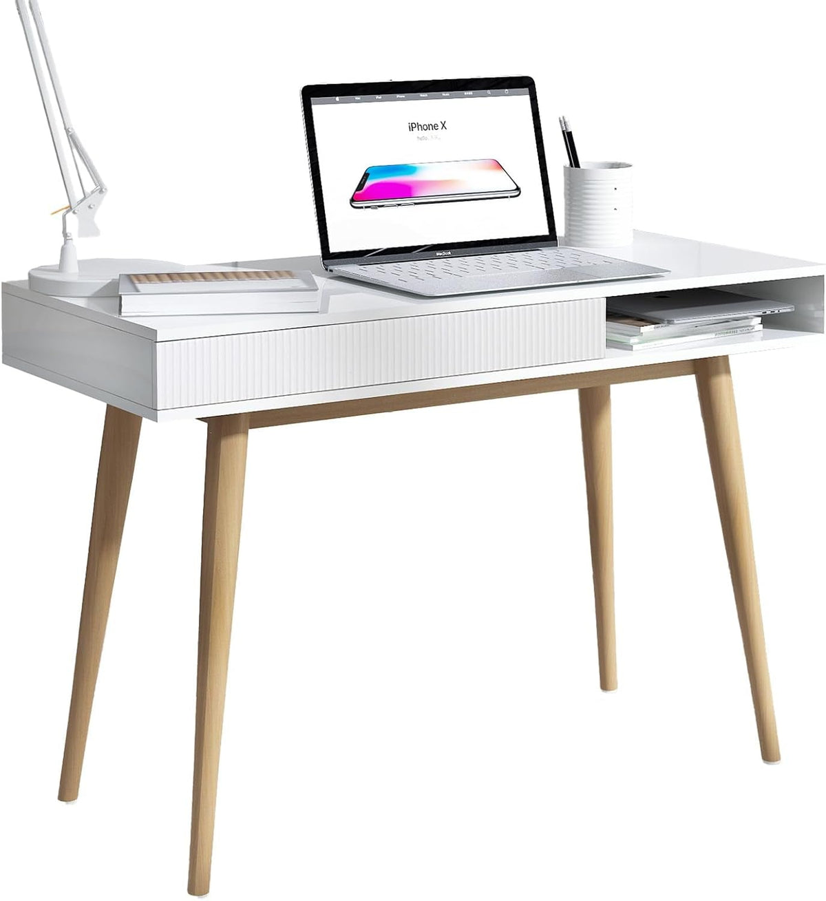 White Mid Century Modern Desk With Hidden Drawer For Home Office