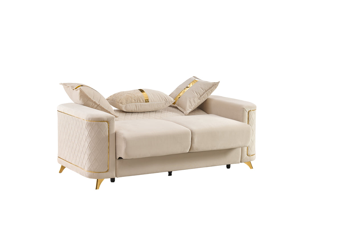 Cream-colored upholstered sofa set with quilted pattern and gold trim