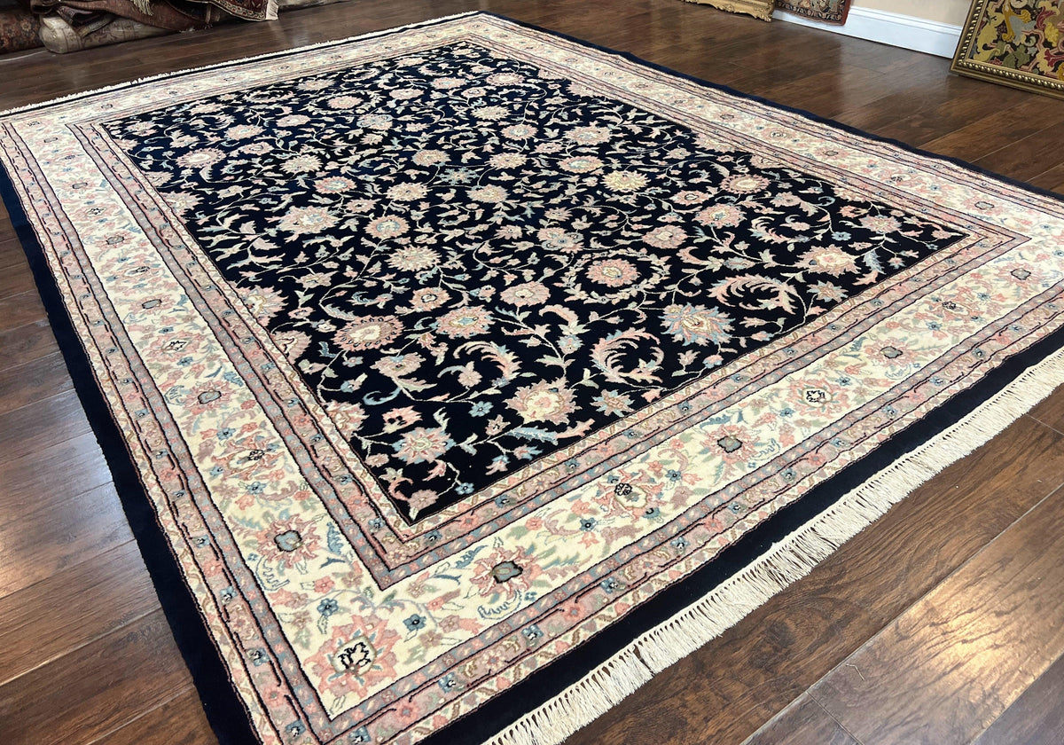 Indo Persian Rug 9x12, Navy Blue and Ivory/Cream, Floral Allover, Wool Vintage Handmade Carpet