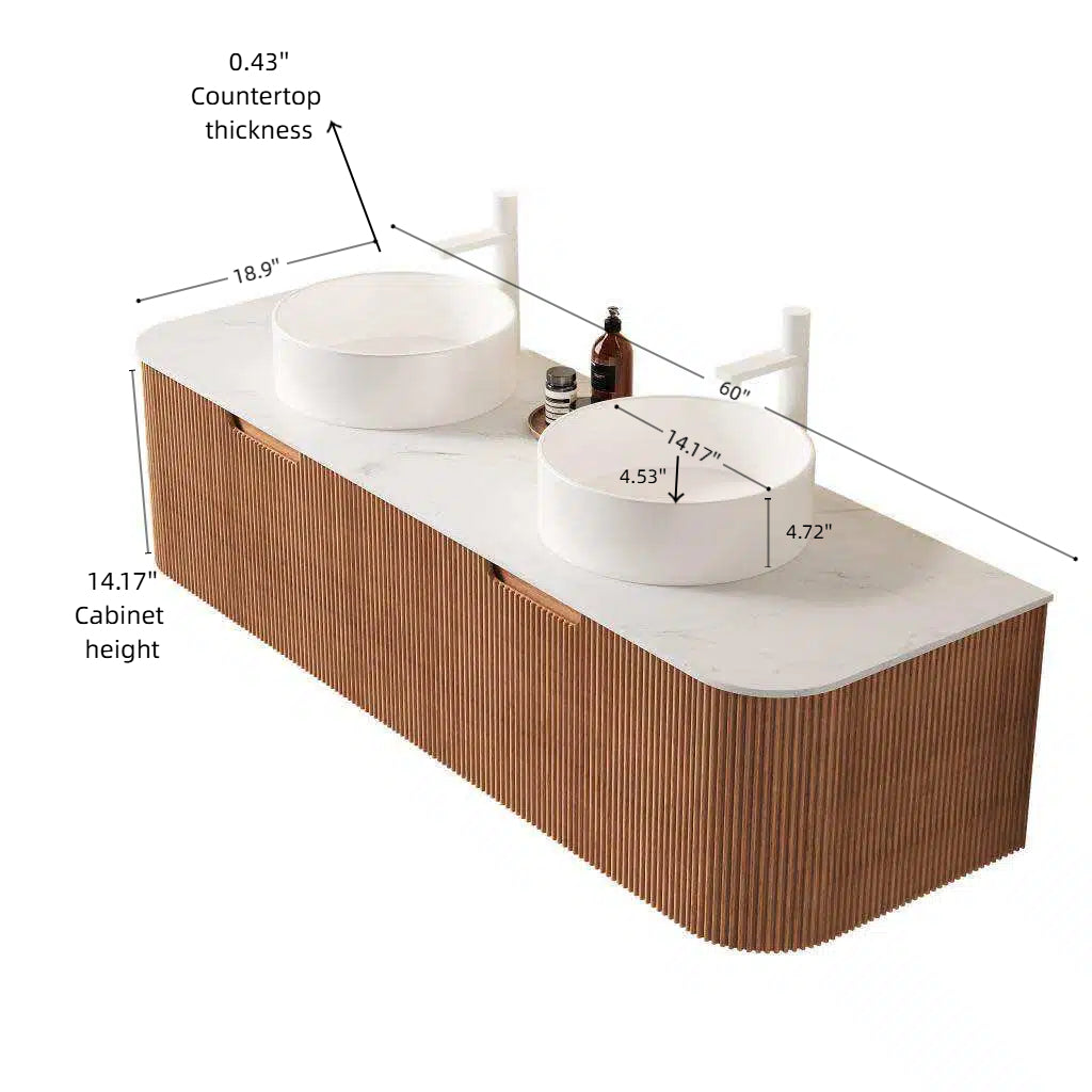 DINA 60" Bathroom Vanity & Sinks - Natural Wood, Sintered Stone Top