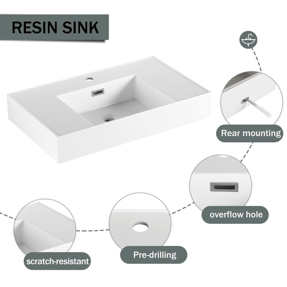 60 Inch Wall-Mounted Bathroom Vanity with Resin Sink - Oak