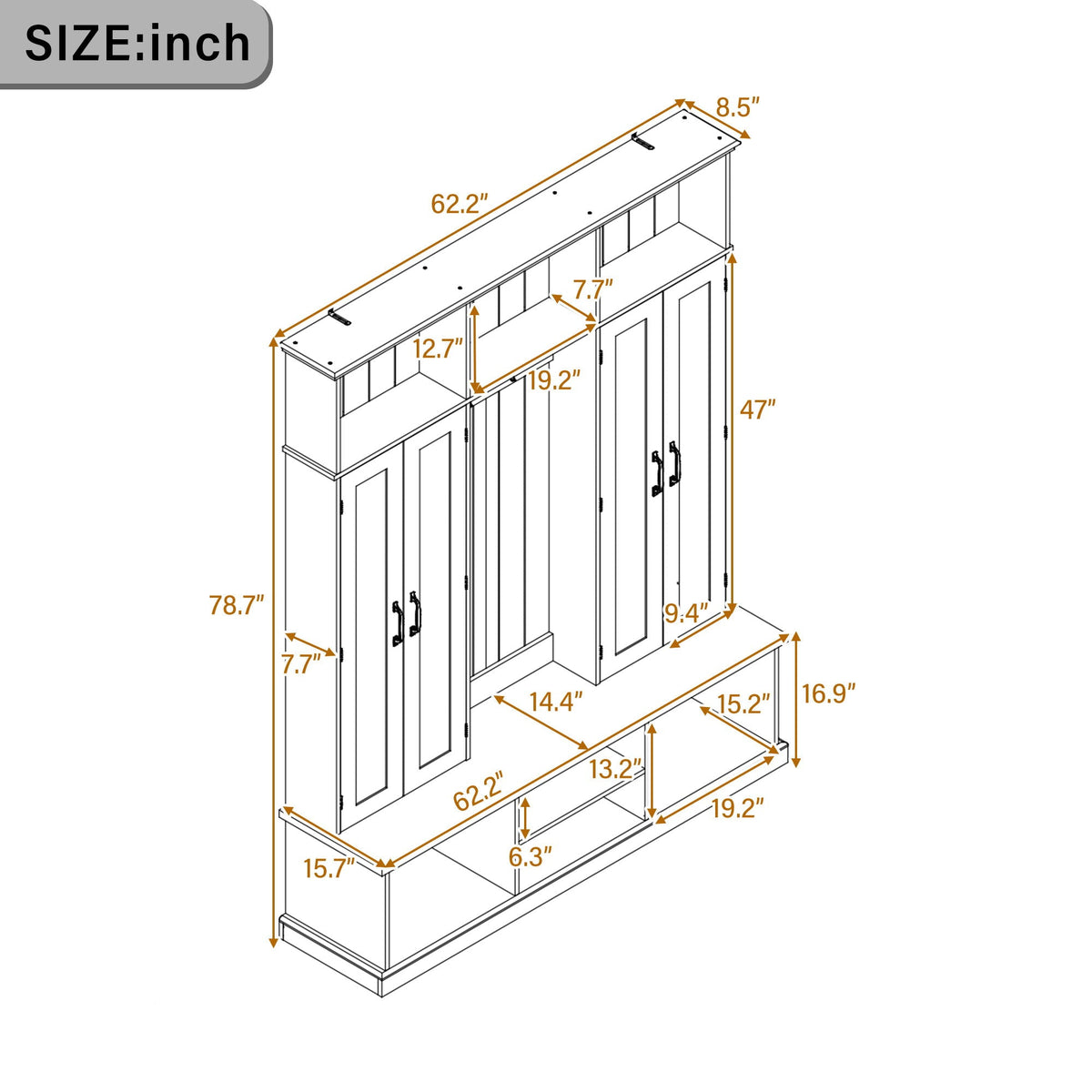 Entryway Hall Tree With Bench, 3 Top Cubbies & Bottom Storage Space