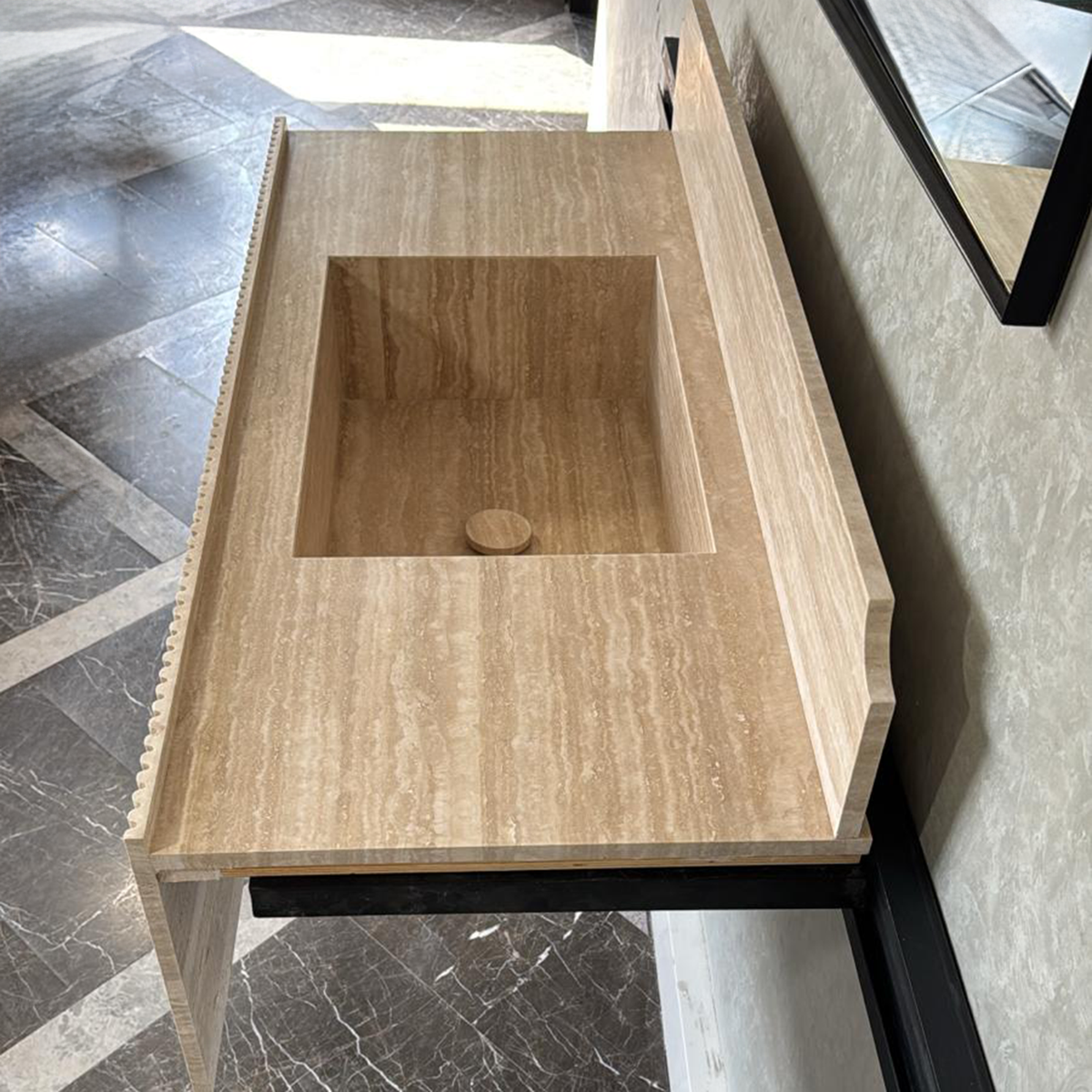Beige Travertine Handmade Vessel Sink - Vein Cut Natural Stone