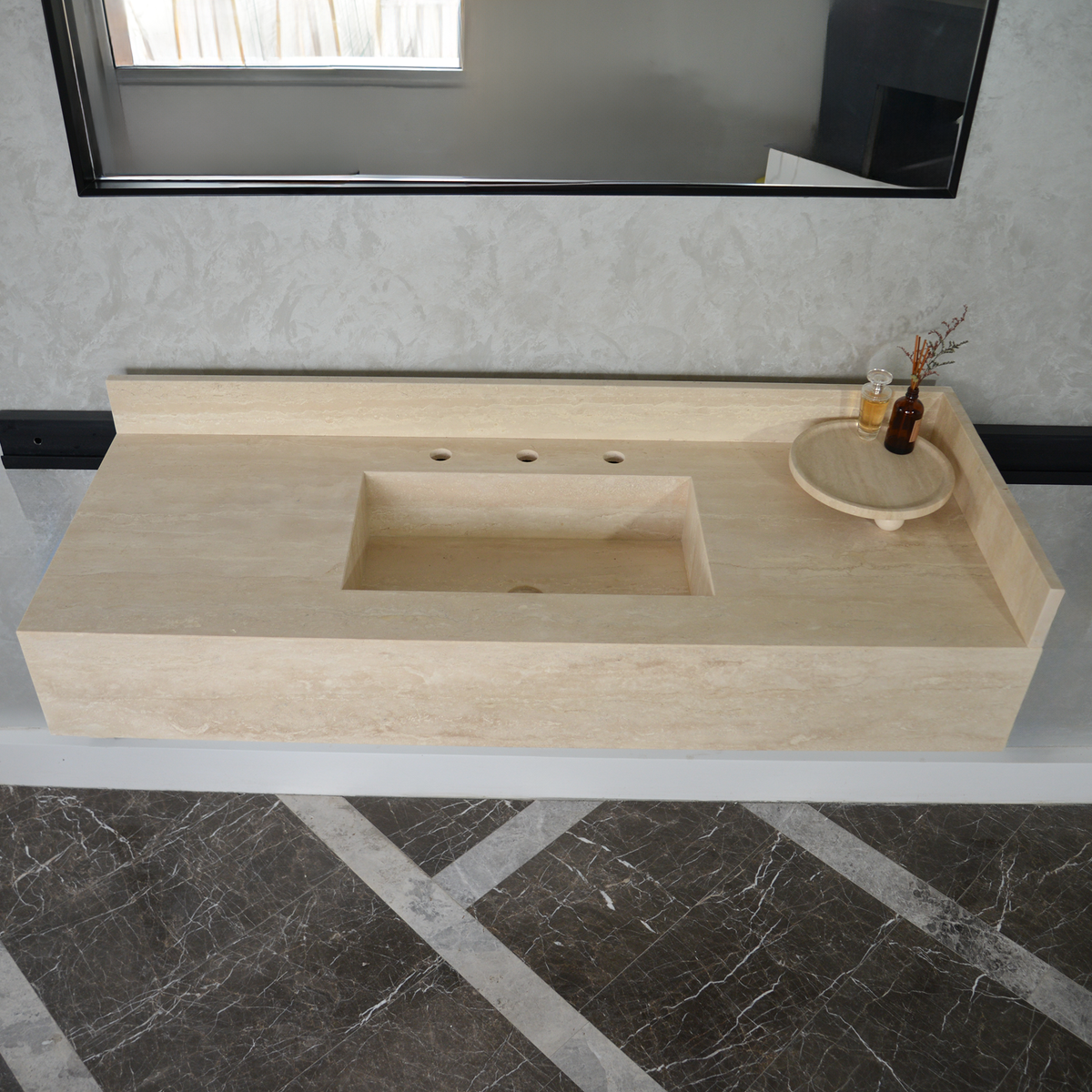 Travertine Bathroom Sink Handcrafted Custom Vein Cut Beige Artisan