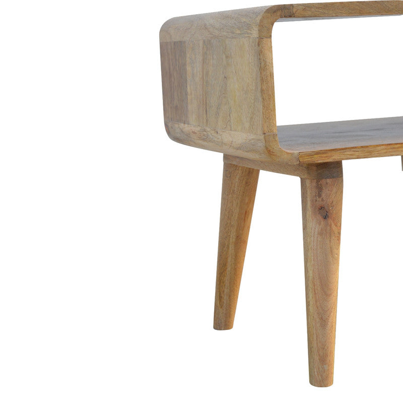 Close-up of a curved wooden bedside table with natural finish, light brown tone, simple legs, against a plain white background.