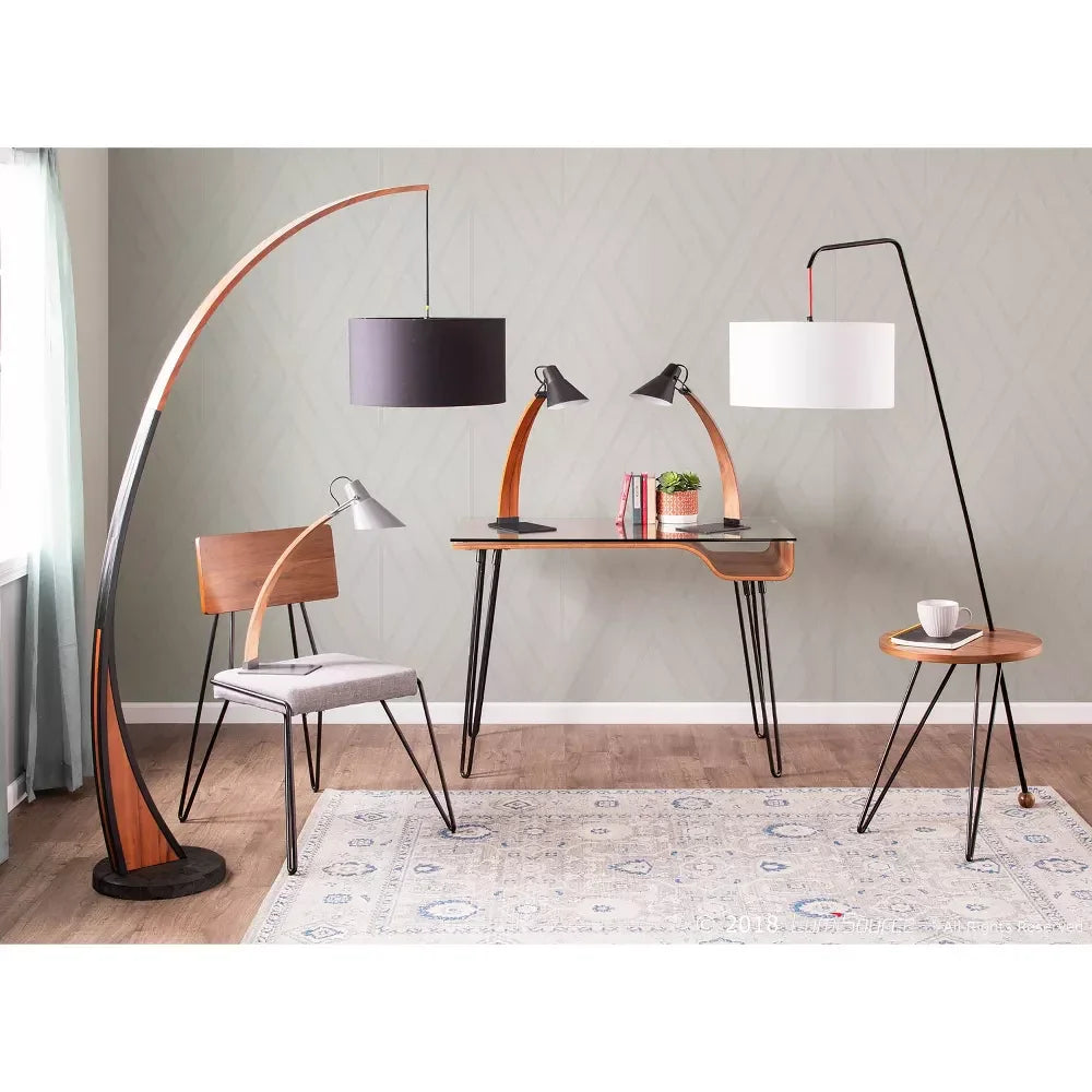 Mid-Century Modern Floor Lamp – Arched Walnut Wood Frame, Marble Base & Linen Drum Shade