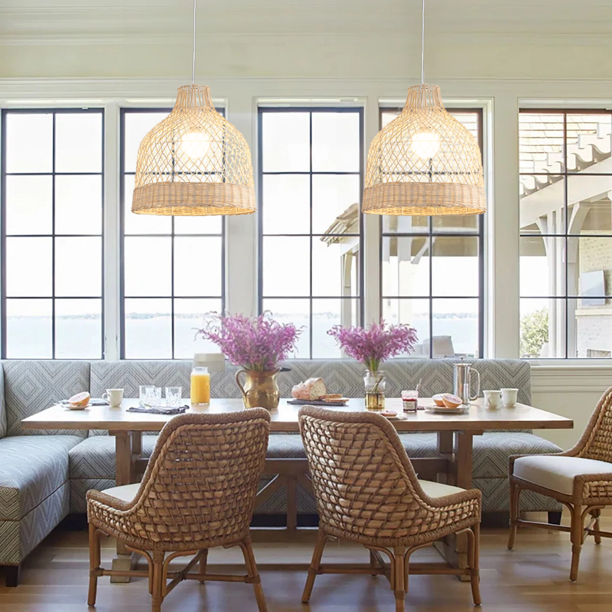 Cluster of 5 Rattan Pendant Lights - Boho & Japandi Ceiling Lamps