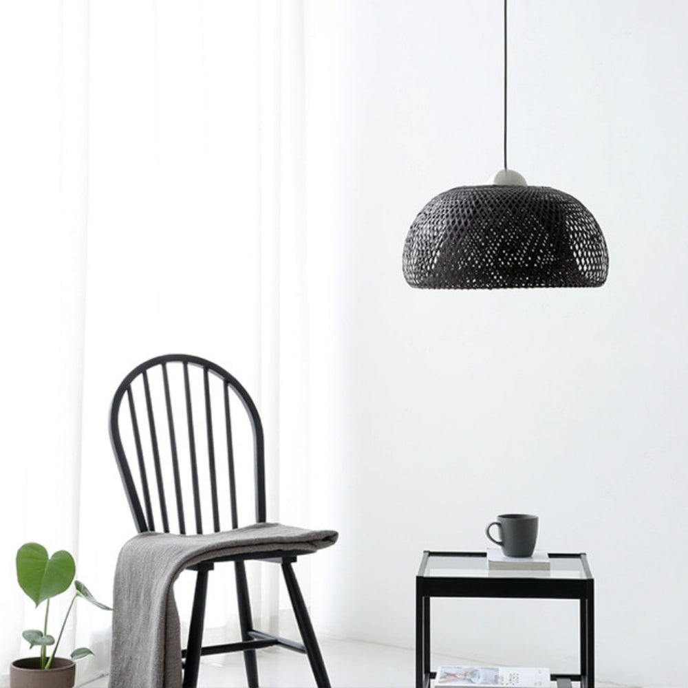 Rustic Black Rattan Dome Pendant | Wabi-Sabi Interior Decor