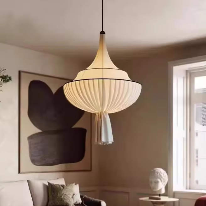 Elegant Bell-Shape Pleated Fabric Pendant Light with Tassel Detail