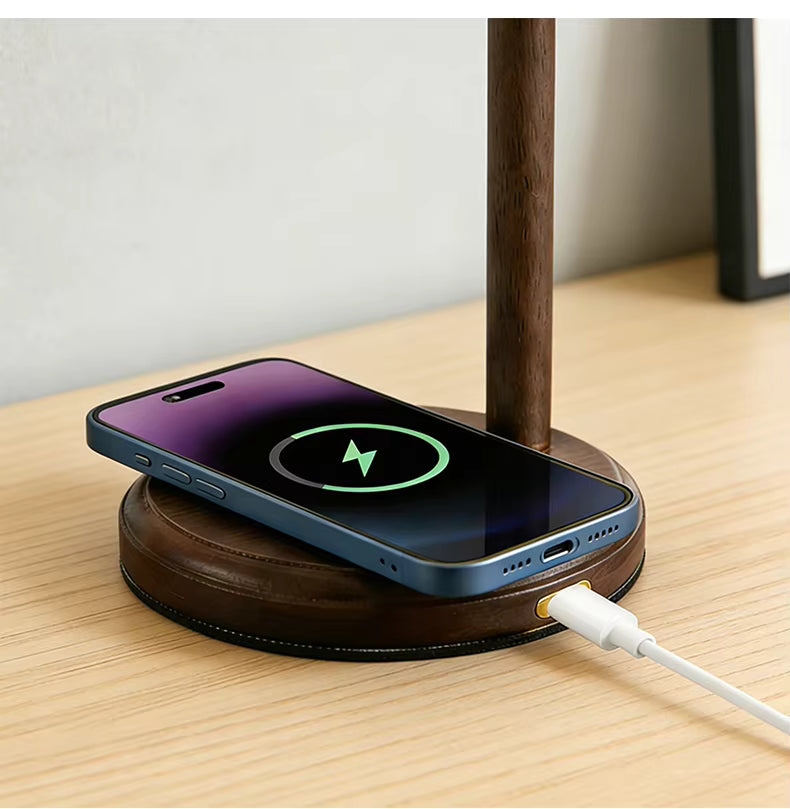 Wooden LED Desk Lamp with Wireless Charger | Multifunctional Bedside Light