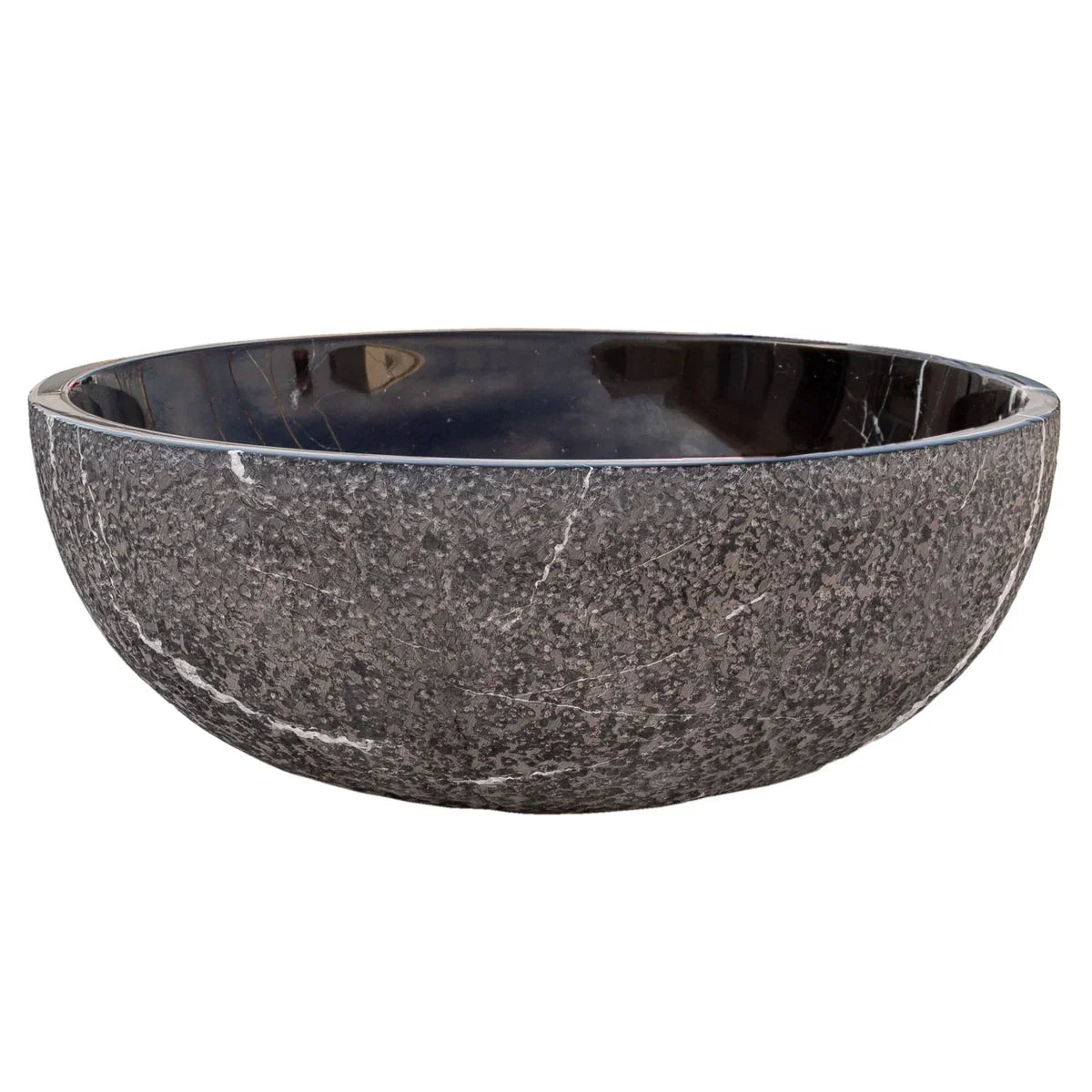 Black Marble Vessel Sink 16 Inch Round - Polished Interior Rough