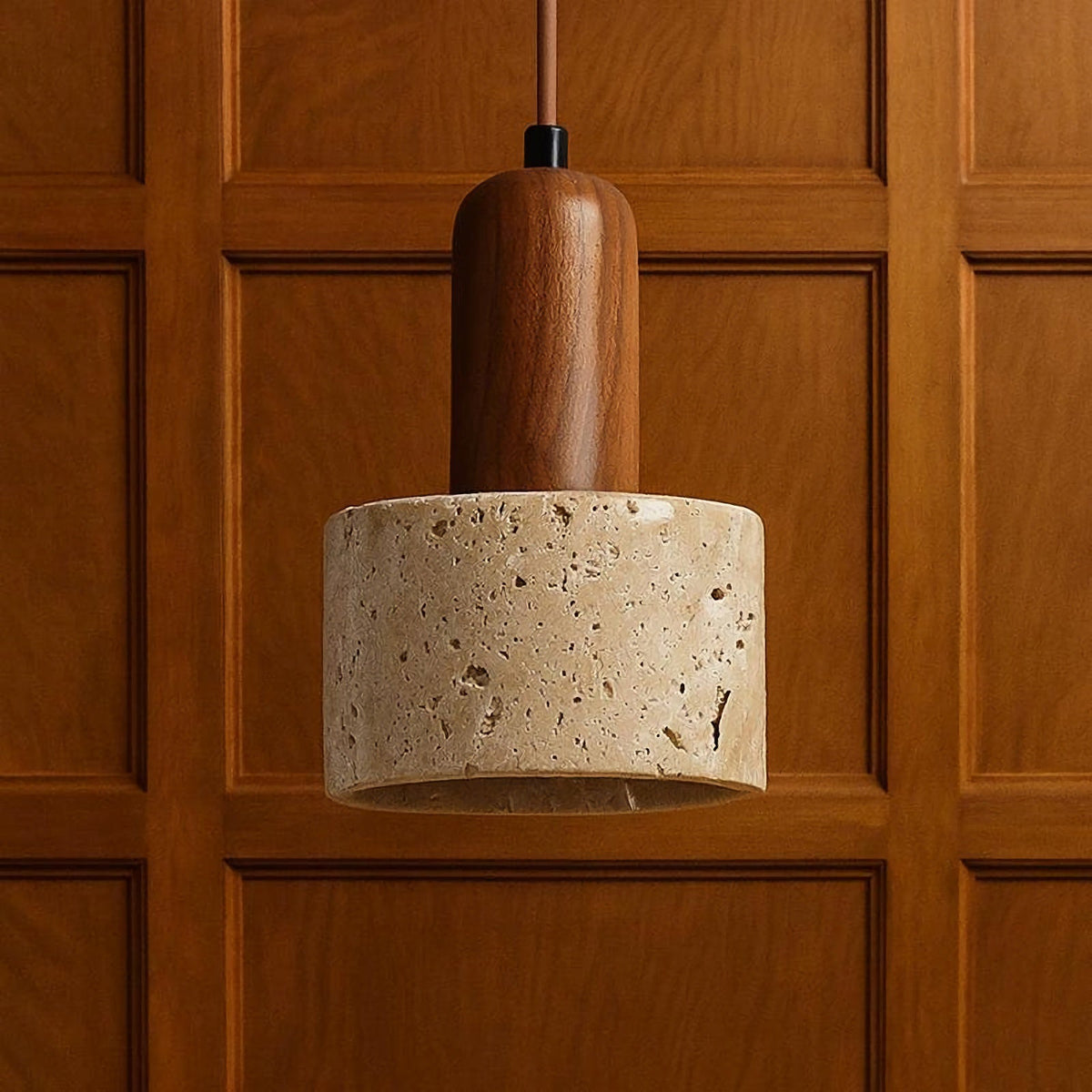 Vintage Round Travertine Wood Pendant Light