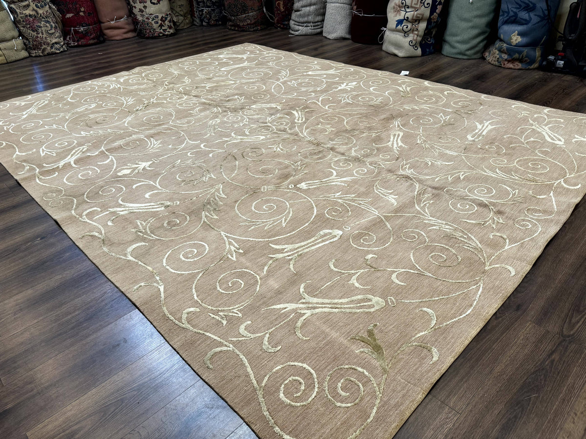 Tibetan Rug 9x12 Wool and Silk Beige Modern Handmade Carpet
