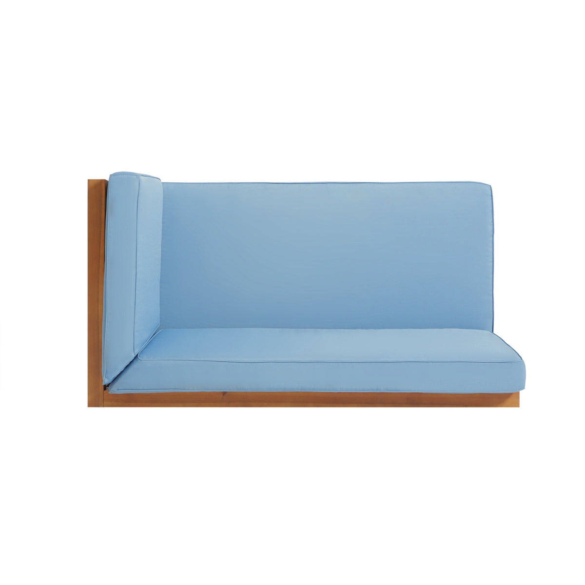 A blue cushioned bench with a wooden frame.