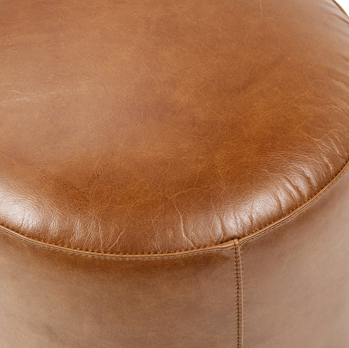 Nico 16" Round Leather Ottoman Stool, Camel