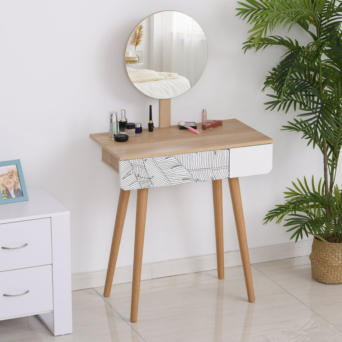 HOMCOM Dressing Make Up Table with Drawer and Mirror Wooden Oak Color