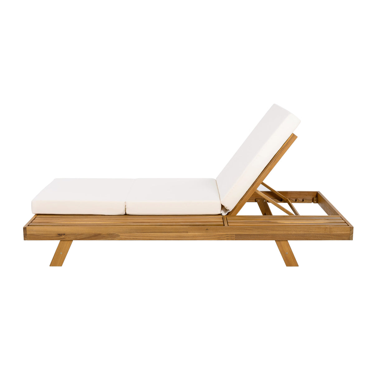 Lounge Chaise Set - Acacia Solid Wood, Double Lounger with Cream Cushions