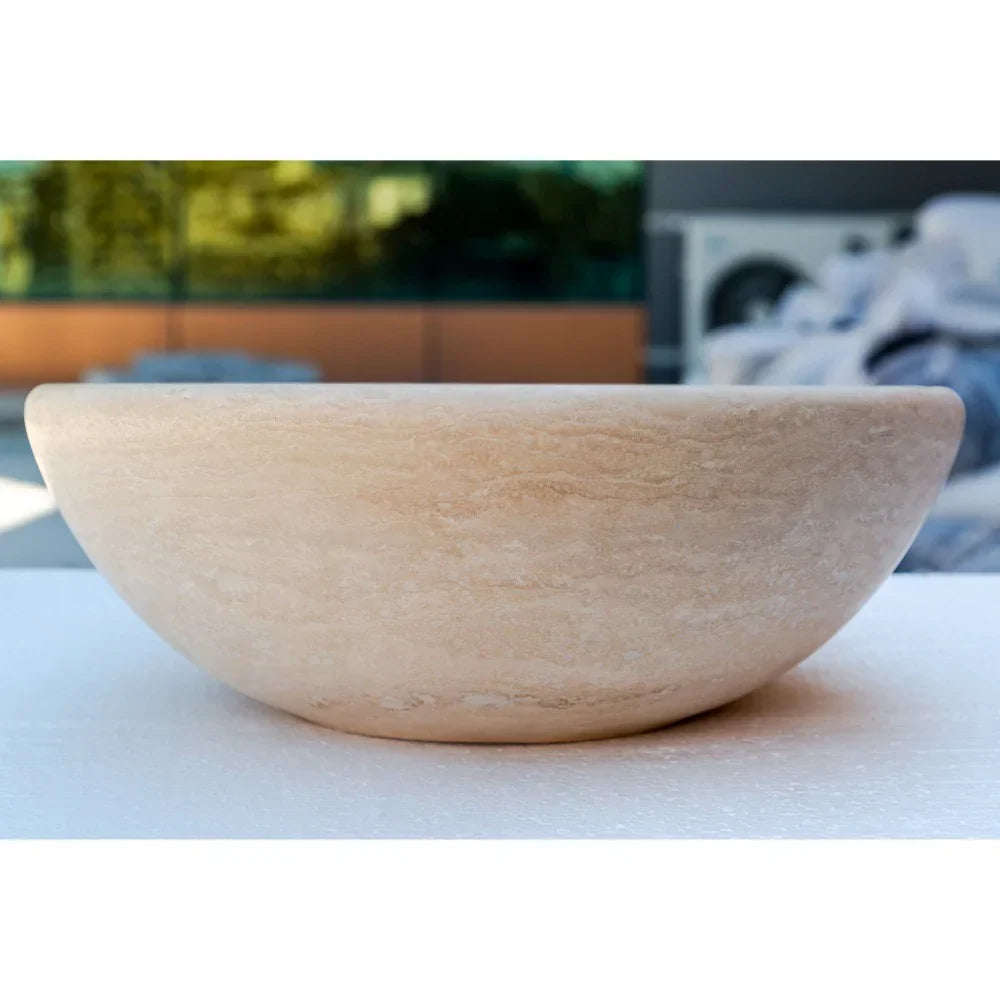 Beige Travertine Vessel Sink Honed and Filled - 16 inch Diameter