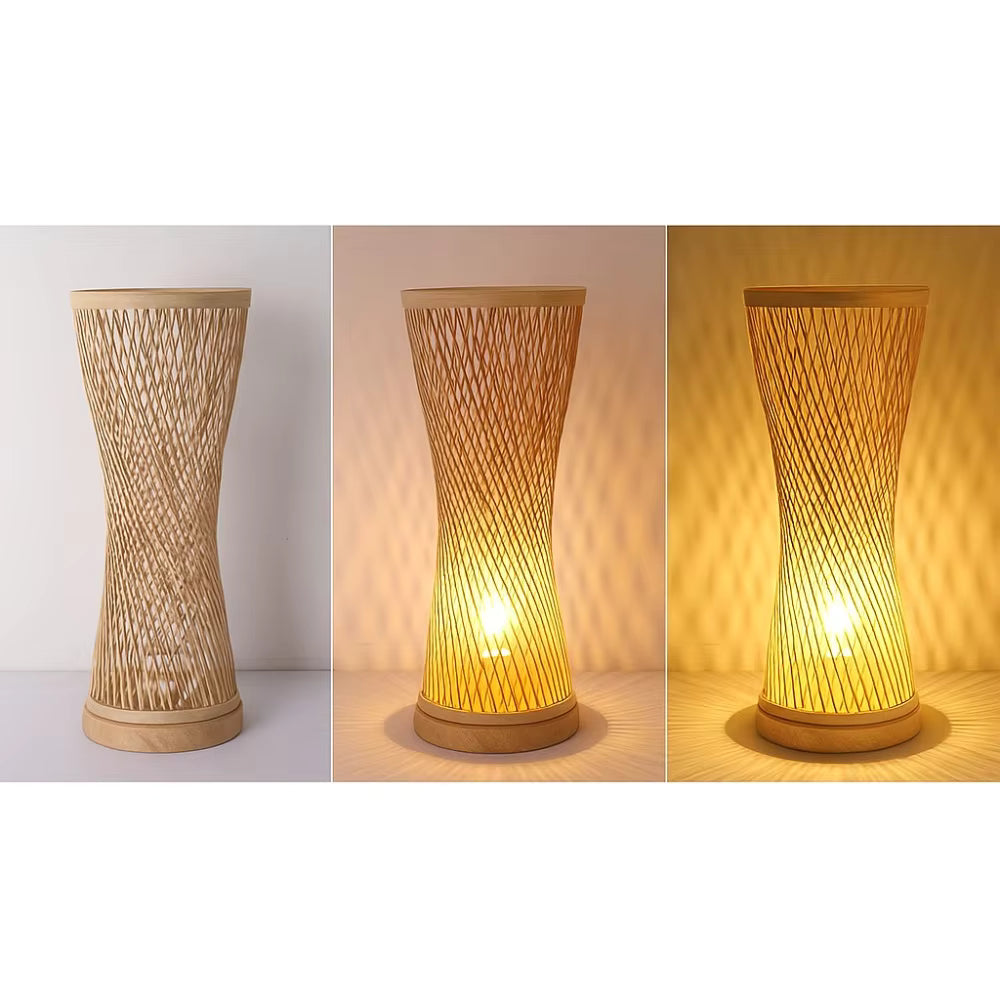 Handcrafted Bamboo Hourglass Table Lamp | Spiral Woven Accent Desk Light