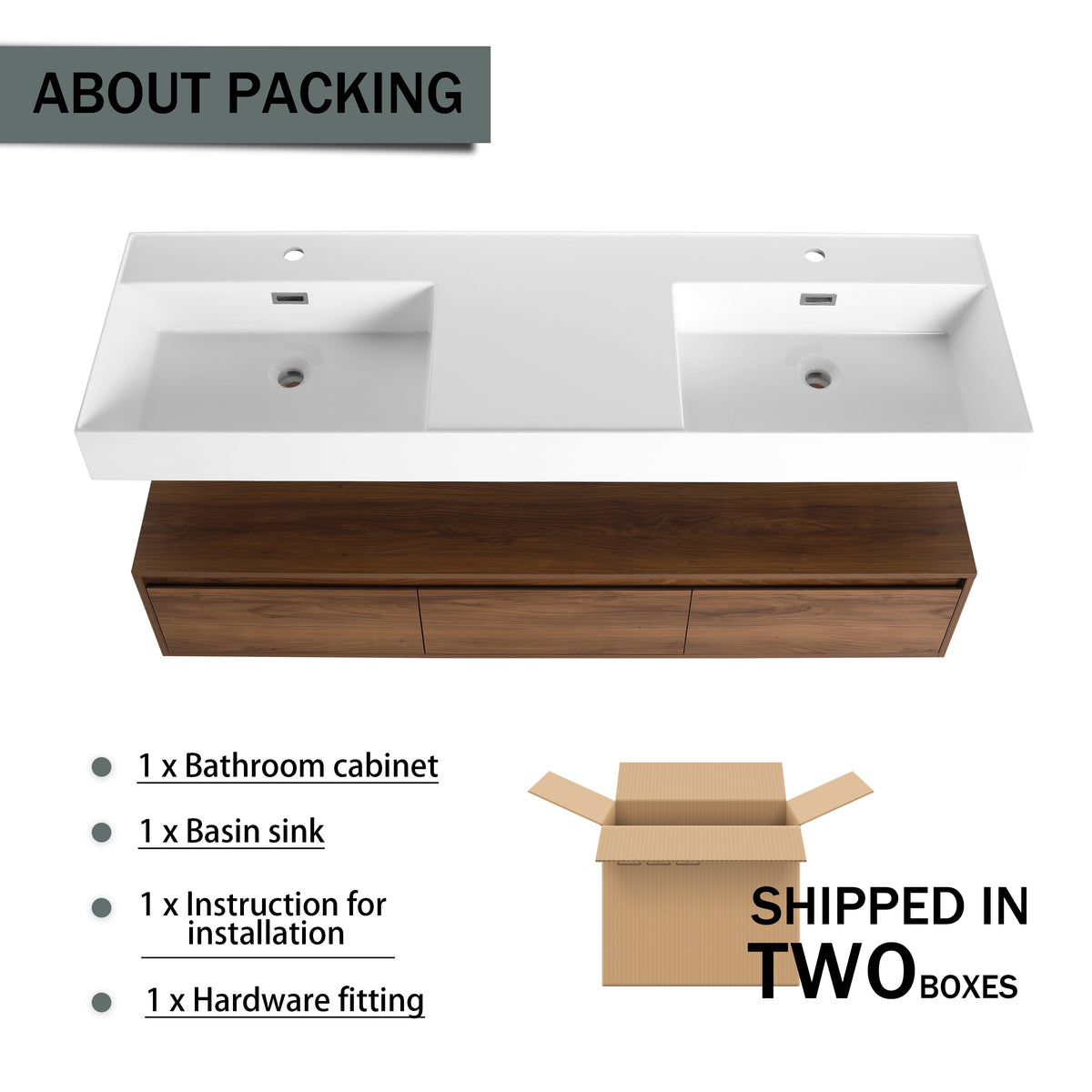 60 Inch Wall-Mounted Bathroom Vanity with Resin Sink - Brown Ebony