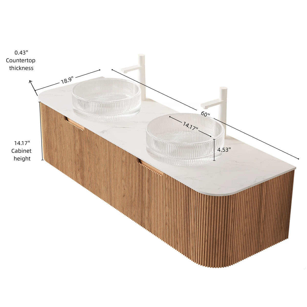 DINA 60" Bathroom Vanity & Sinks - Natural Wood, Glass Basins