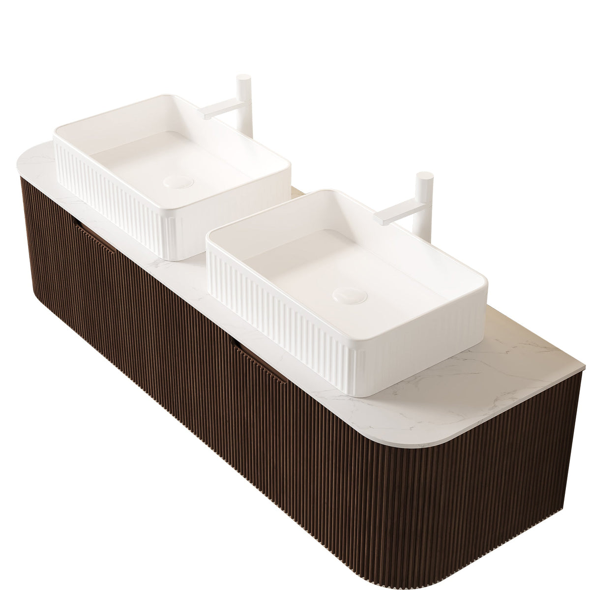 DINA 60" Bathroom Vanity & Sinks - Dark Walnut, Glossy White Basins