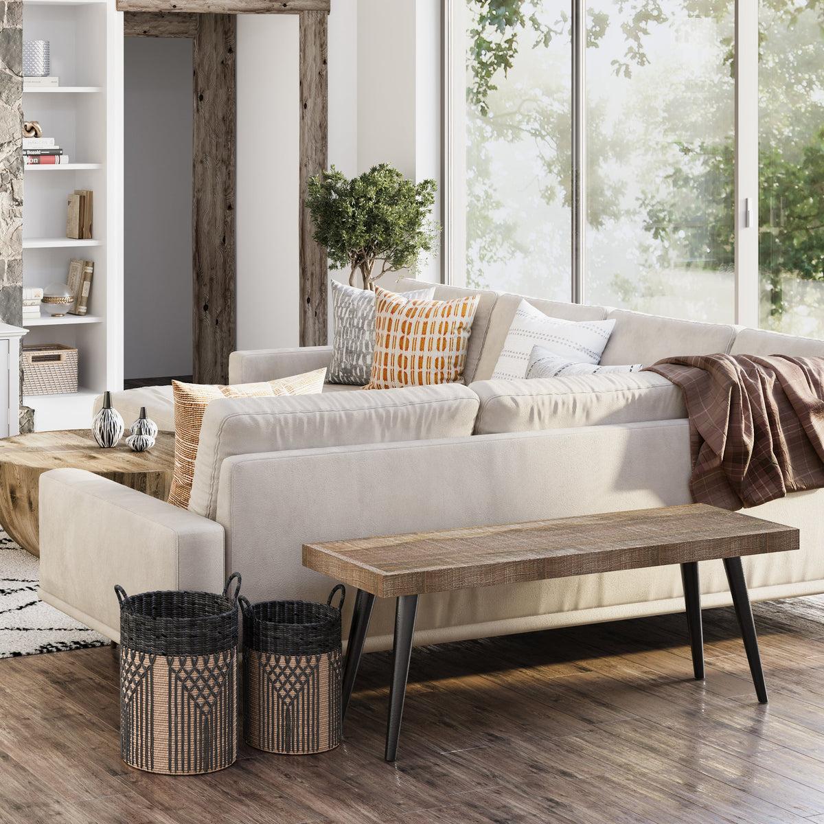 Durham 43 Inch Wide Solid Mango Wood Bench in Distressed
