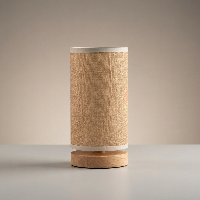 Natural Jute Fabric & Wood Cylinder Table Lamp | Minimalist Desk Light