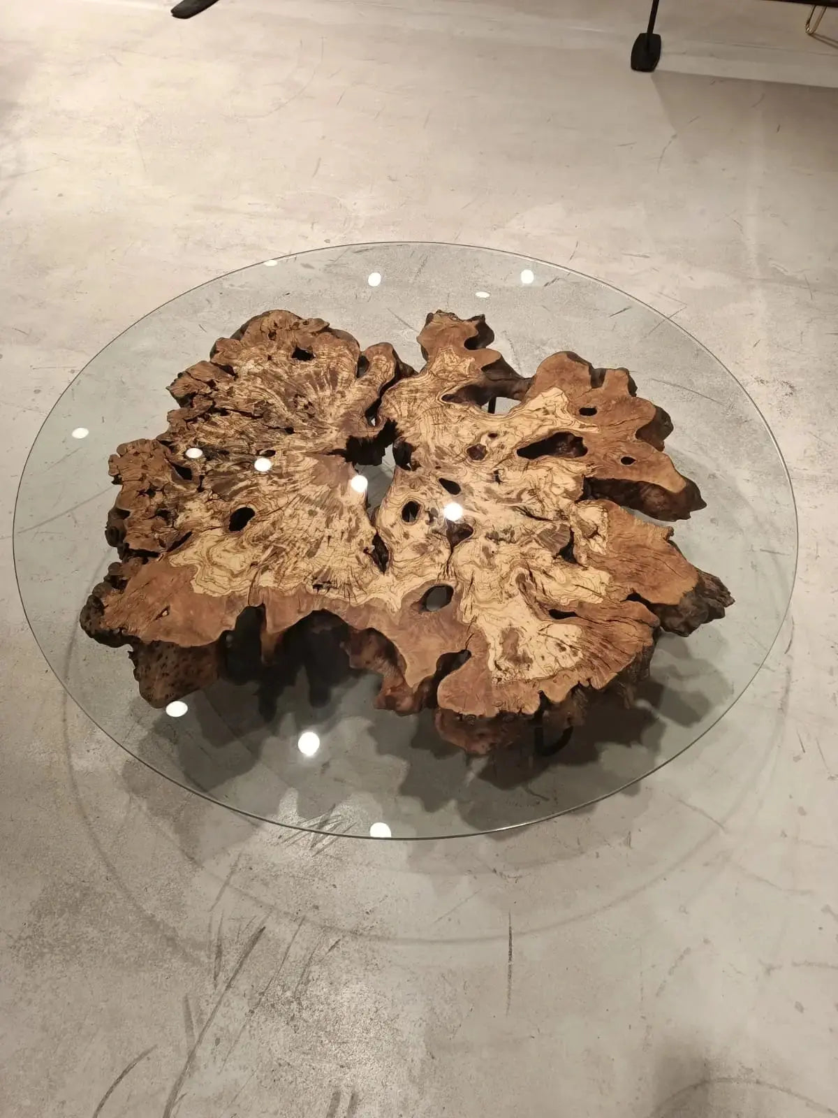 Olive Wood Rustic Coffee Table Featured Glass On Top — view 7