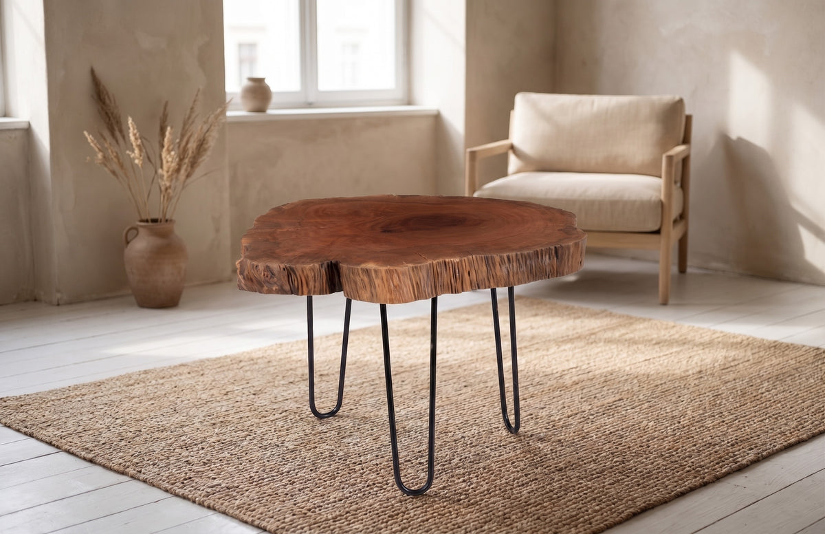 Burled Coffee Table, Black Metal Legs, Small