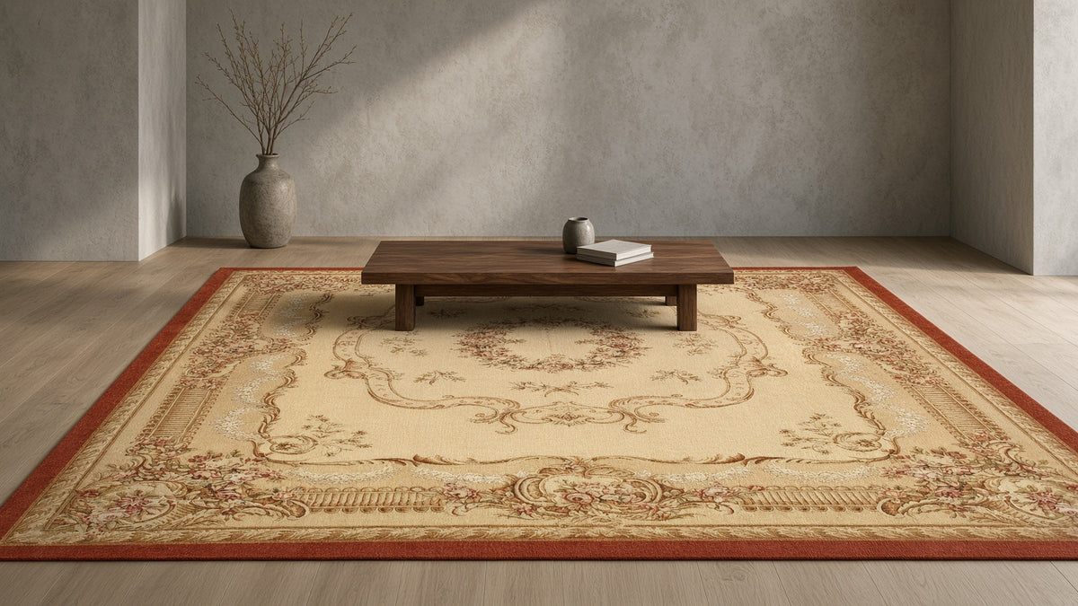 ShopInFill staged scene — canvello-beige-fine-hand-knotted-abusson-rug-811-x-121