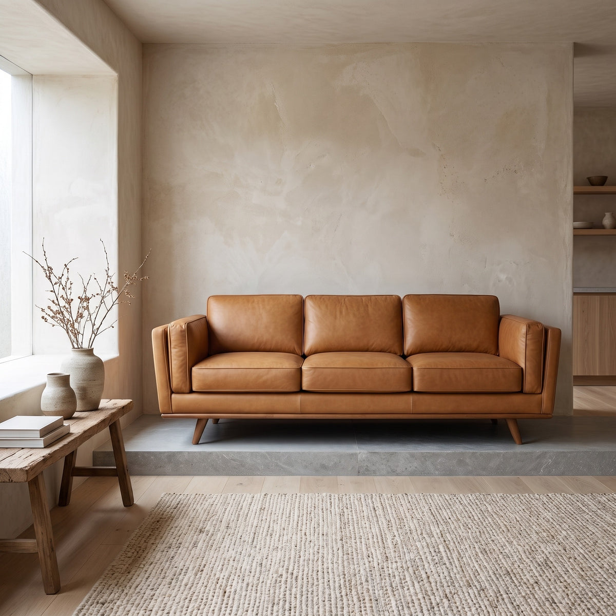 Chase Mid Century Modern Genuine Leather Sofa
