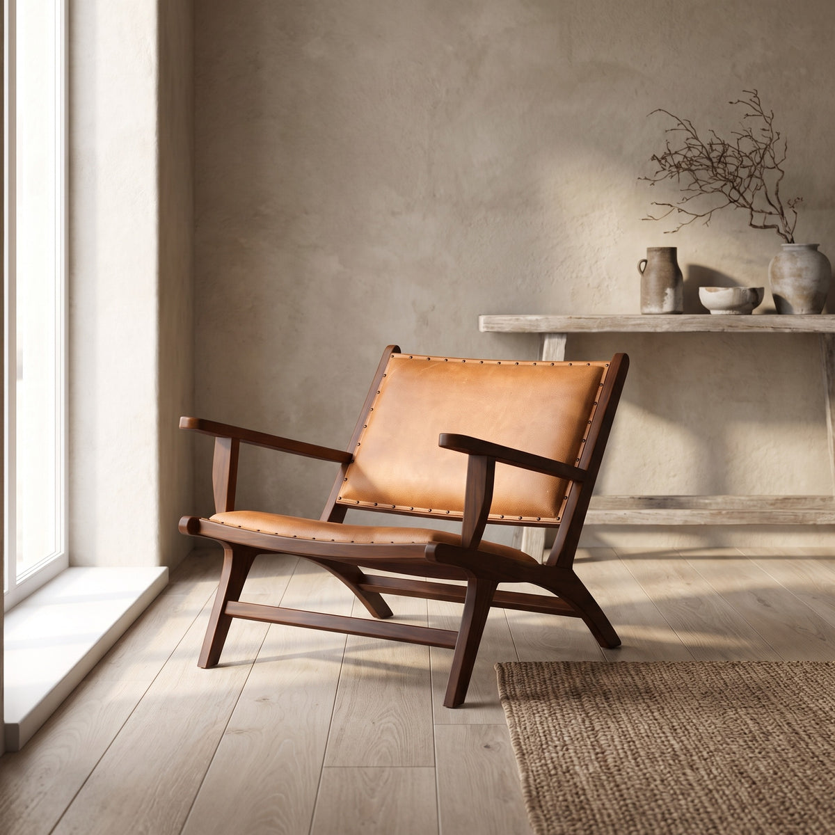 Daniel Mid-Century Modern Leather Arm Chair with Walnut-Finished Legs
