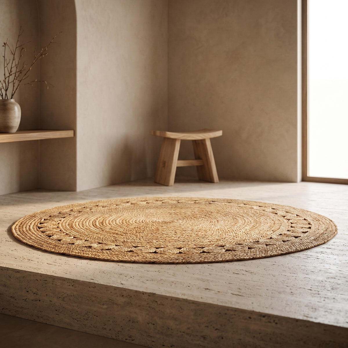 Hand Braided Jute Circle Design Round Rug for Bedroom, Living Room,