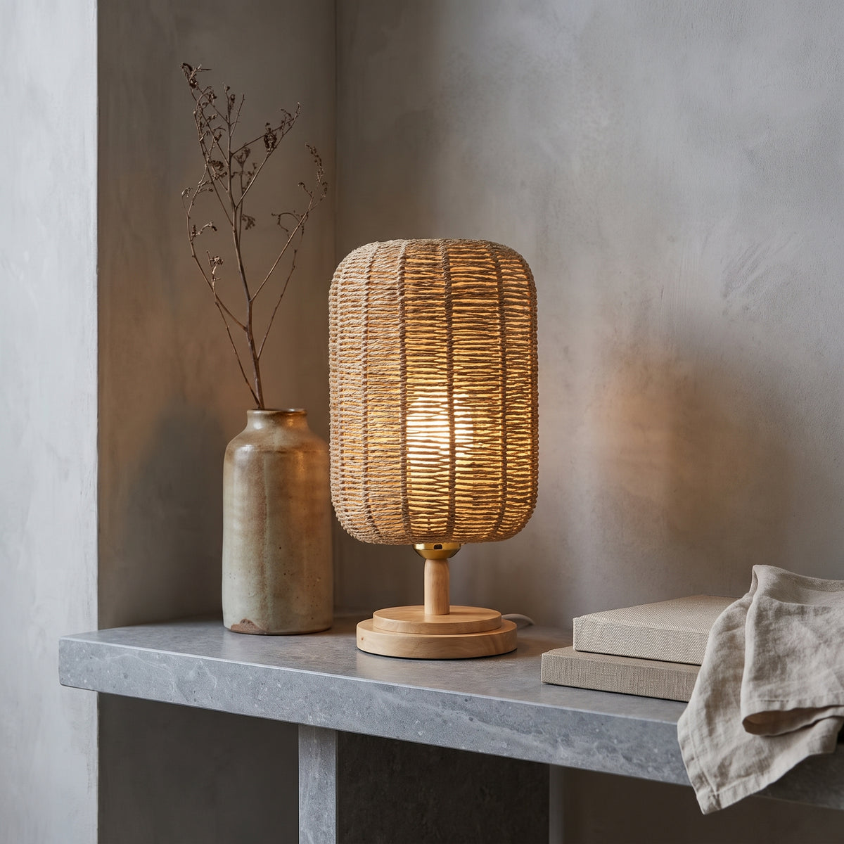 Handcrafted Natural Hemp Rope Table Lamp | Woven Wooden Base Desk Light