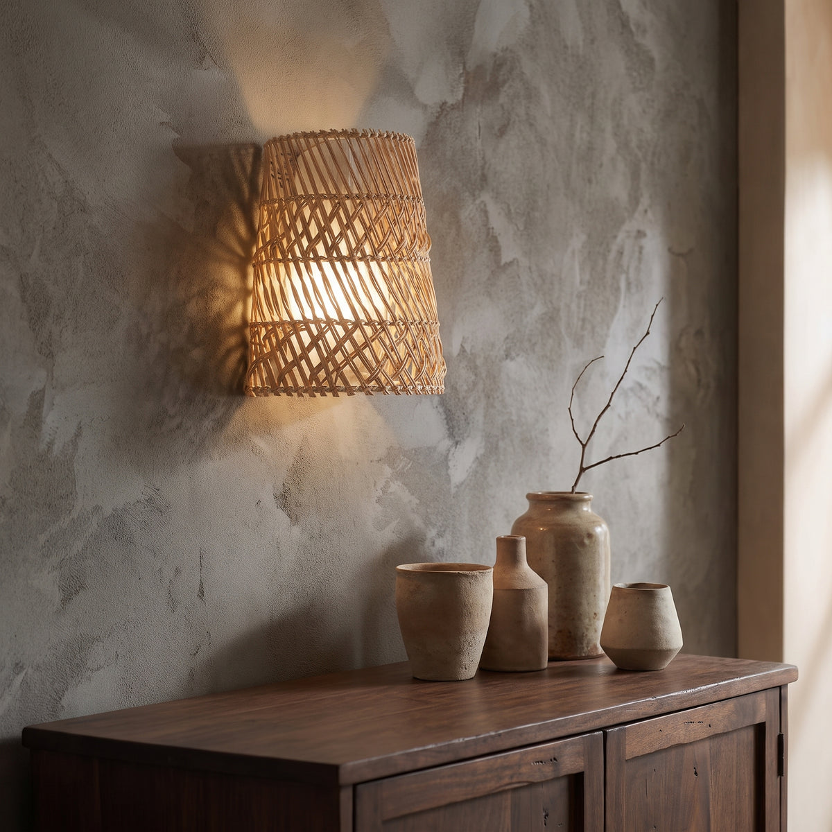 Handcrafted Natural Rattan Trapezoid Wall Sconce | Diagonal Woven Wall Light