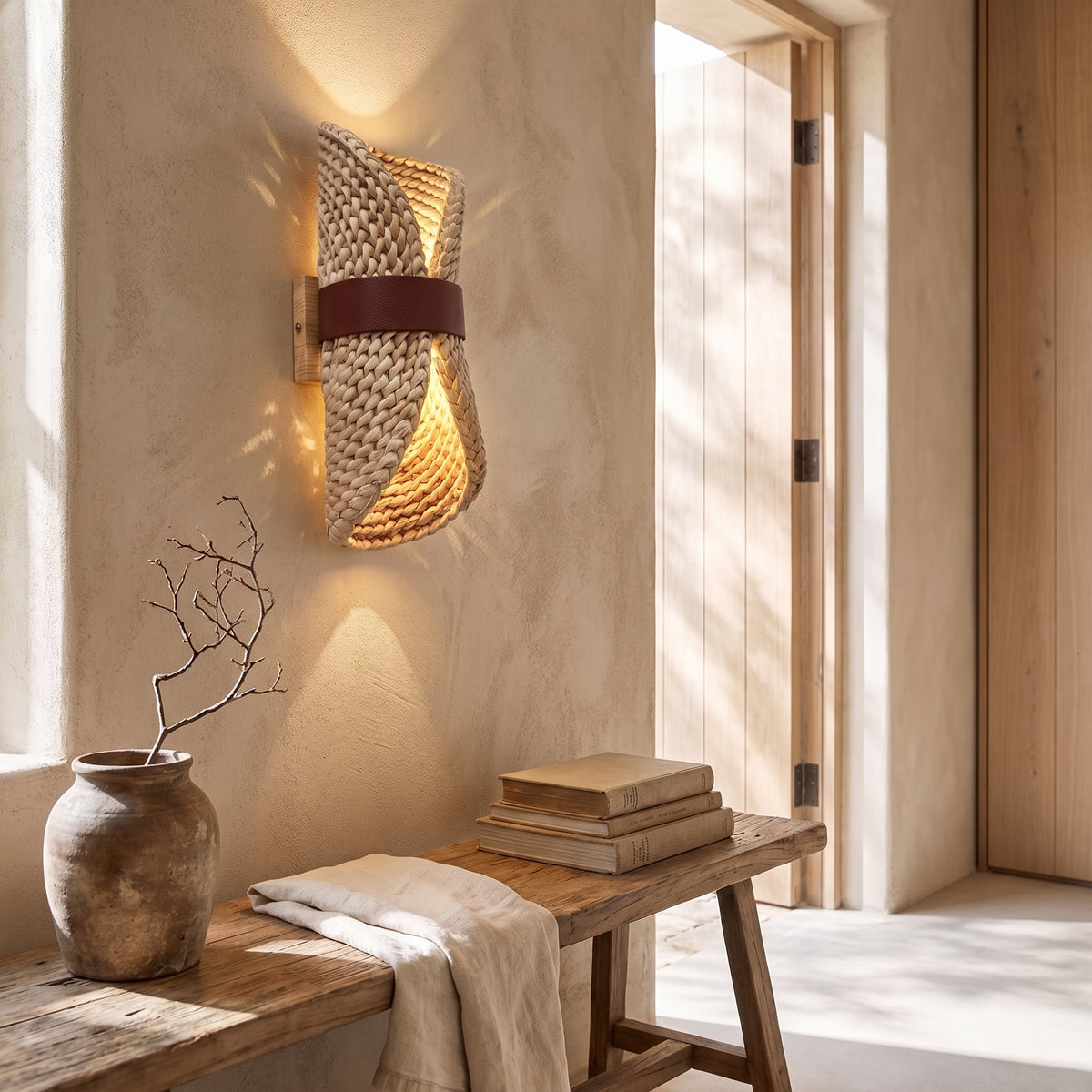 Handcrafted Water Hyacinth Bow Wall Sconce | Rustic Woven Up-Down Wall Light