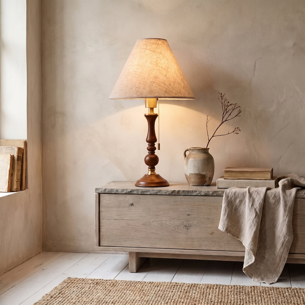 Handcrafted Wooden & Fabric Table Lamp | Classic Pull-Chain Bedside Desk Light