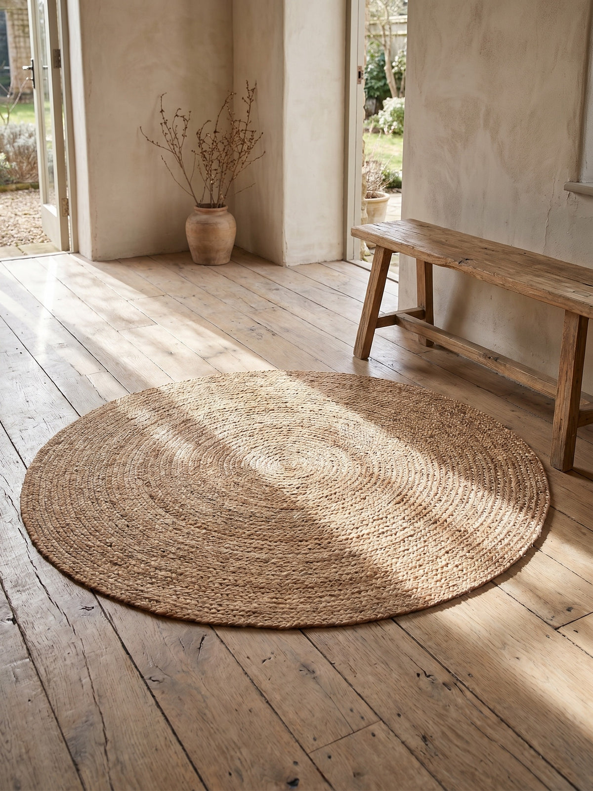 Handwoven Jute Round Area Rug Carpet, Natural Fibers Reversible,