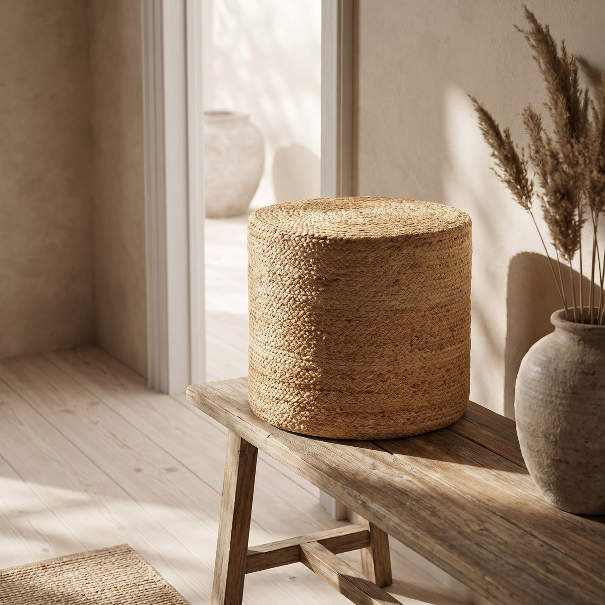 Jute Pouffe Ottoman Round Stool Beige