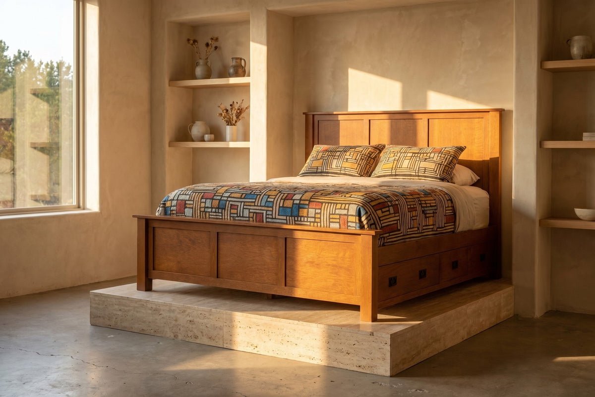 Mission Oak Storage Panel Bed with Three Drawers: MC stain