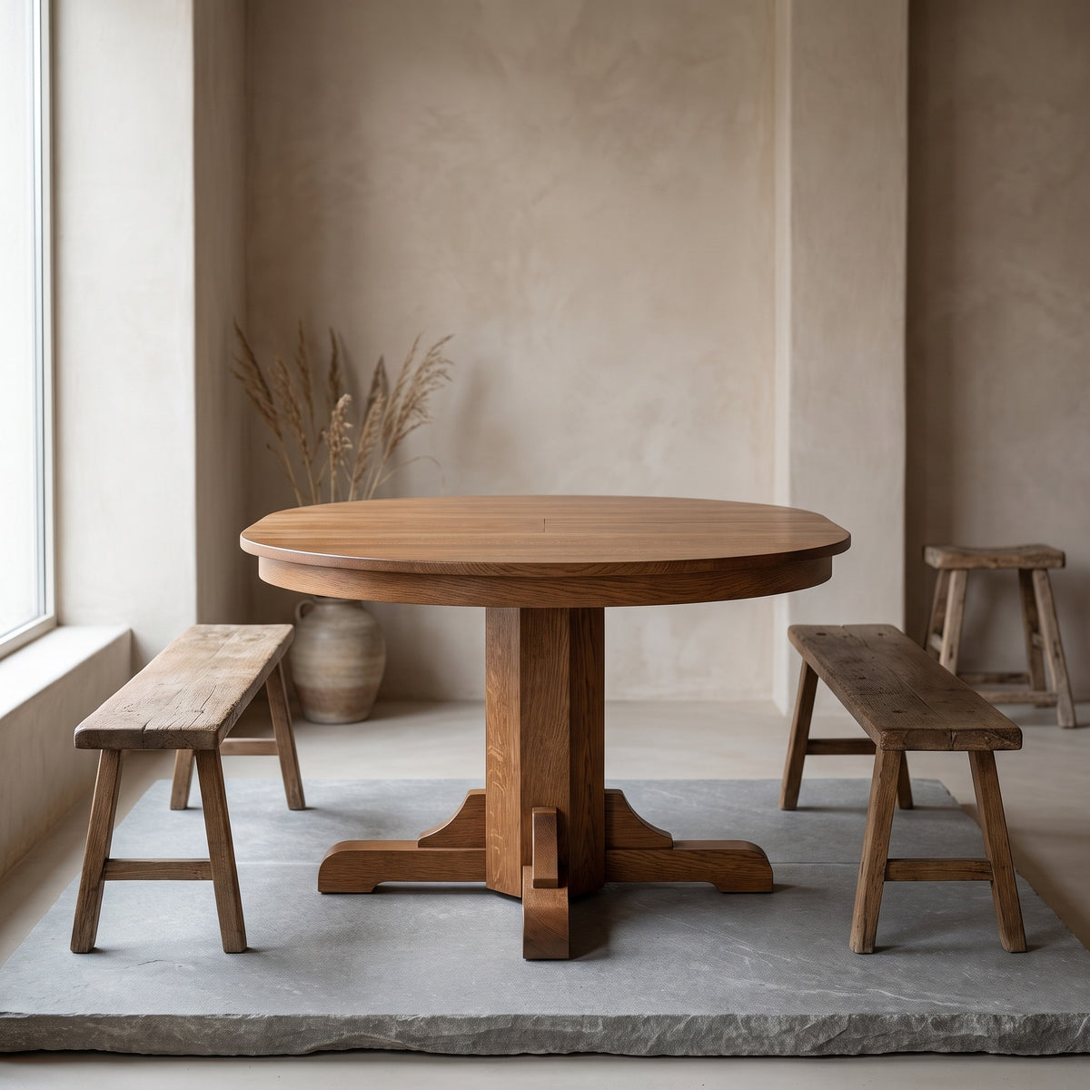 Mission Quarter Sawn Oak 2 Leaf Round Dining Table Set w/ 6 Chairs