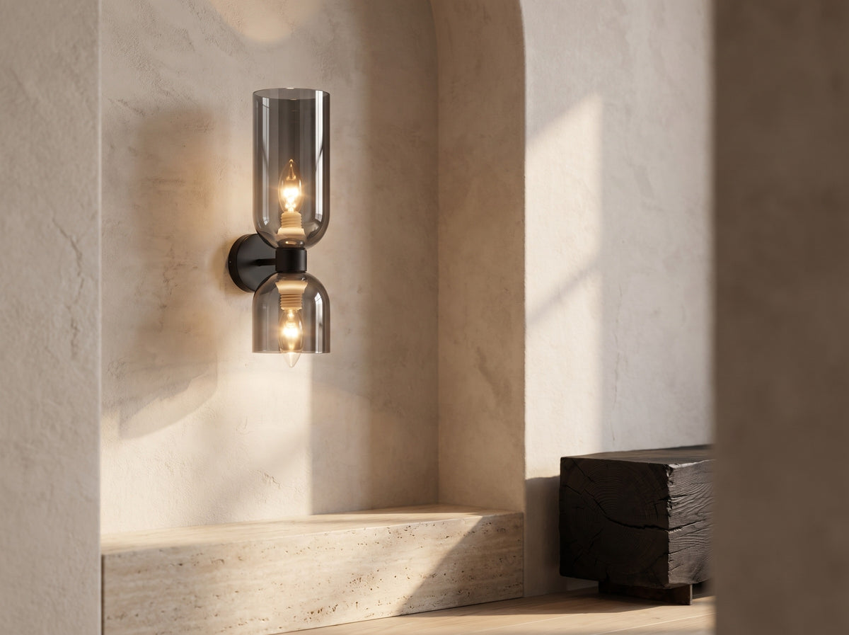 Modern Copper & Glass Dual-Head Wall Sconce | Up-Down Frosted Glass Wall Light
