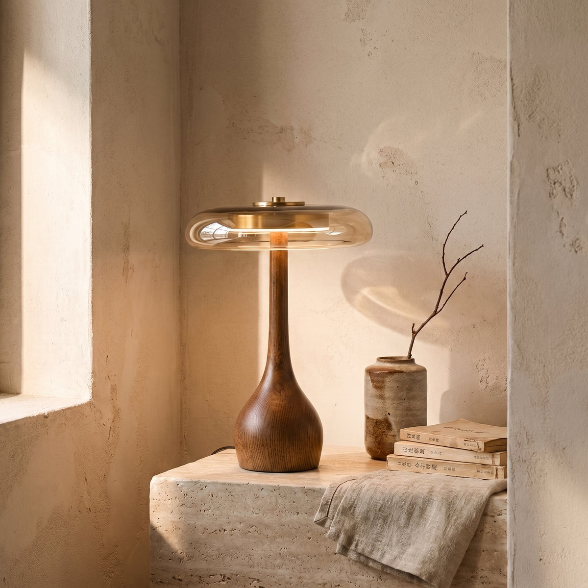 Modern Wooden & Glass Table Lamp | Minimalist Mushroom Desk Light