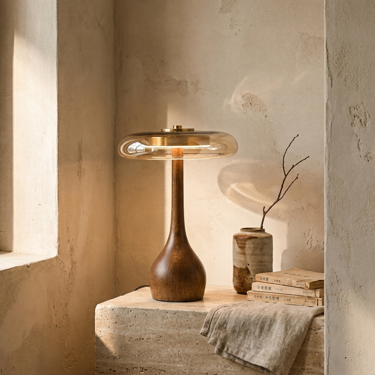 Pleated Glass & Wood Table Lamp | Vintage Brass Desk Light