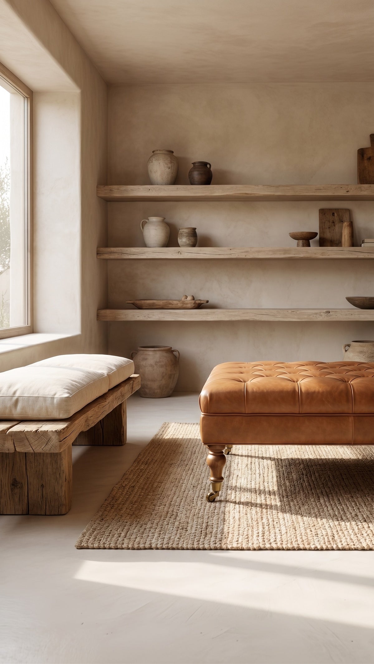 Solid Wood Buffalo Leather Ottoman with Castor Legs
