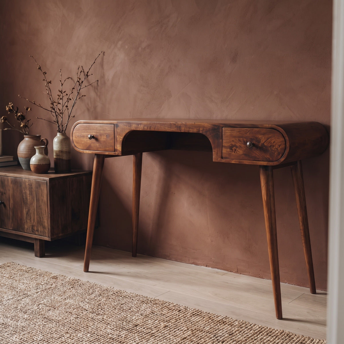 Solid Wood London Arch Writing Desk, 2-Drawers, Chestnut